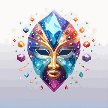 Ancient floating mask-shaped relic made of colorful gemstones glows in cosmic space