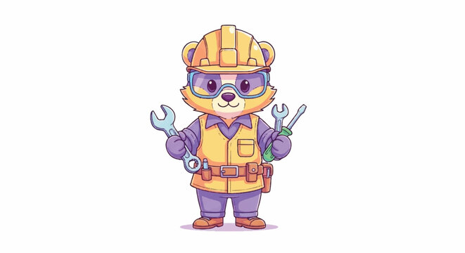 Cartoon Bear Construction Worker Holding Tools.