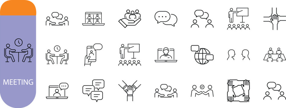 Business meeting communication vector icons. people icon set, laptop icon set, speech bubble icon set