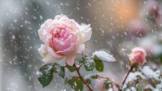 A detailed photograph captures a light pink rose dusted with white snow, positioned centrally and slightly to the left. the rose's petals are clearly defined despite the snow. Ai generated