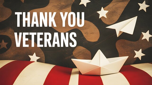 Thank you veterans text message with paper boat and stars on a patriotic american flag pattern