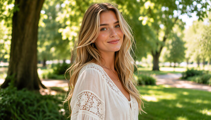 Fototapeta premium Close-up portrait of a smiling young blonde woman in a park. Happy female wearing a white lace blouse outdoors on a sunny day