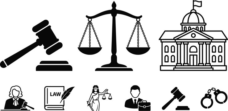 Law and justice icon set featuring judge gavel, scales of justice, courthouse building, lady justice, law book, handcuffs, and lawyer silhouettes on white background