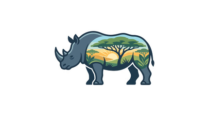 Fototapeta premium Rhino Silhouette Filled with African Safari Landscape Illustration