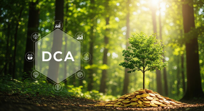 Dollar Cost Averaging Concept Young Tree Growing On Golden Coins Stack Investment Strategy Financial Growth Sustainable Business Green Future