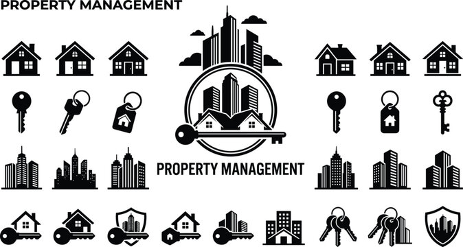 Property management and real estate logo icon set with house silhouettes city skyscraper buildings keychains shield badges and residential leasing service symbols isolated on white background