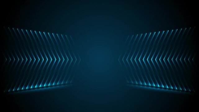 Blue neon glowing arrows technology abstract futuristic background. Concept laser light motion design. Seamless loop. Video animation Ultra HD 4K 3840x2160