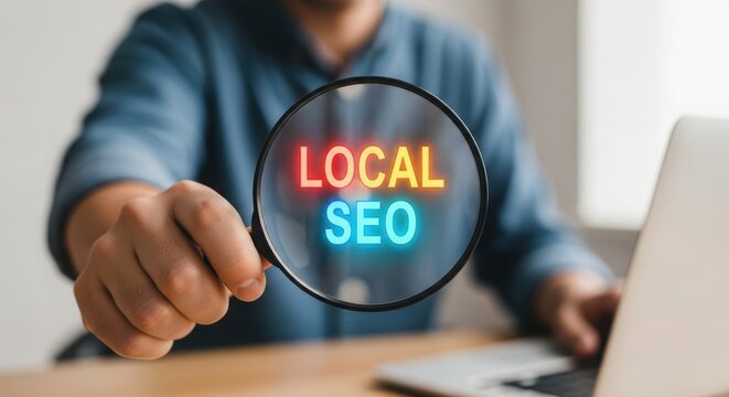 Man holding magnifying glass with local seo text on it while sitting at desk with laptop