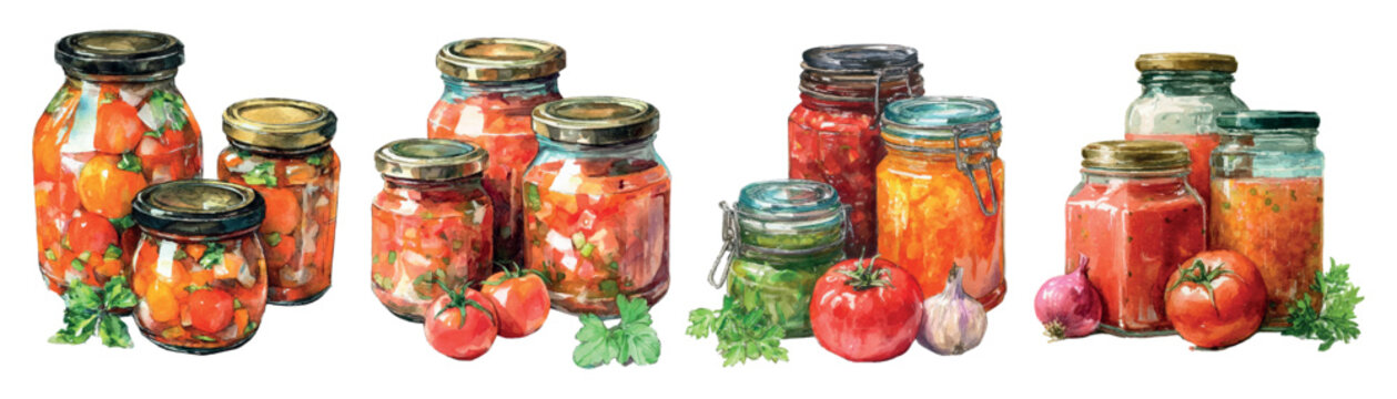 Glass jars filled with homemade preserves, sauces, and pickles featuring fresh tomatoes, onions, and herbs, illustrating traditional canning and food preservation for healthy eating