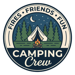 Friends Fun Camping Crew Vintage Outdoor Camping Badge with Tent Campfire and Forest © TAPU SHAHA