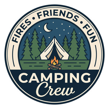 Friends Fun Camping Crew Vintage Outdoor Camping Badge with Tent Campfire and Forest