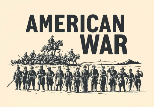 Monochrome vector illustration of American Civil War soldiers and cavalry with American War typography, featuring infantry in 19th-century military uniforms and troops on horseback.