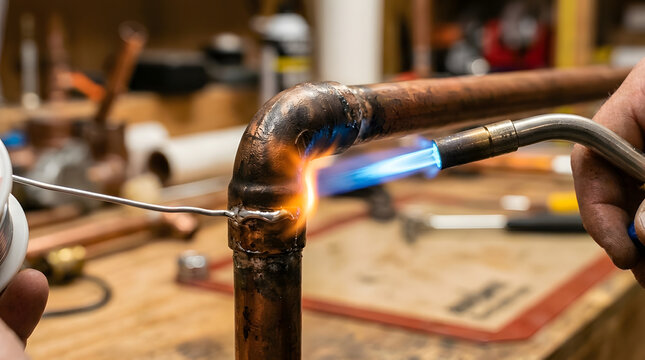 professional plumber soldering copper pipe joint | using propane torch for plumbing repairs | applying solder wire to copper elbow fitting | home improvement plumbing workshop project