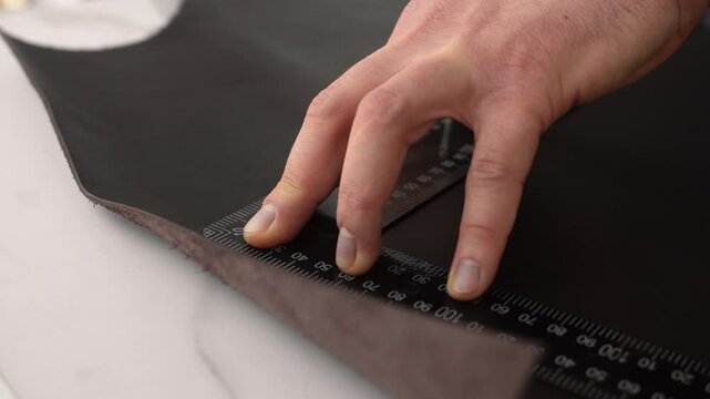 Leatherworker marking genuine leather with an awl and a square ruler in a workshop for tailoring handmade luxury goods