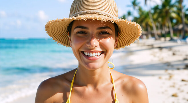 Close up portrait of a smiling young woman in a straw hat on a tropical beach. Happy female tourist enjoying summer vacation. Travel and holiday concept
