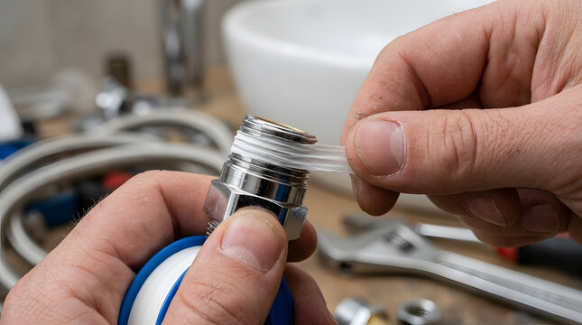 applying teflon tape to plumbing pipe threads | professional plumber hands fixing water leak | how to seal pipe joints with ptfe tape | home renovation plumbing repair work