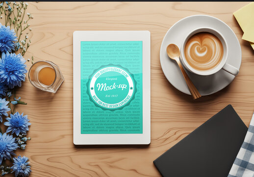Tablet Mock-up Screen on the Desk, E-Book in romantic scene