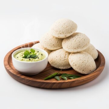 Delicious South Indian Idli breakfast served with green chutney and curry leaves on a wooden platter