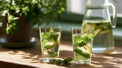 Fototapeta premium Inviting detox water is bathed in soft morning light creating a deeply relaxing and serene atmosphere