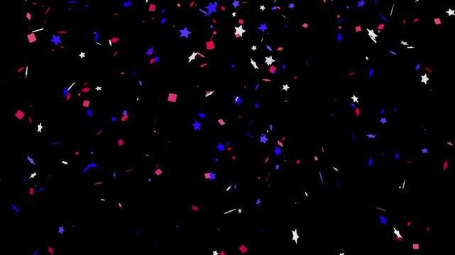 Falling red, white, and blue confetti and stars with alpha channel transparent background. Suitable for patriotic themes, 4th of July celebrations, American holidays, and political event overlays.
