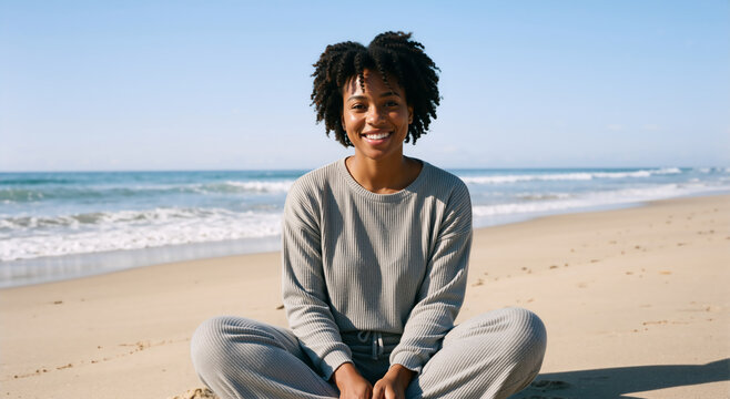 Smiling young Black woman sitting on a sandy beach. Female in grey loungewear relaxing by the ocean on a sunny day. Coastal lifestyle concept