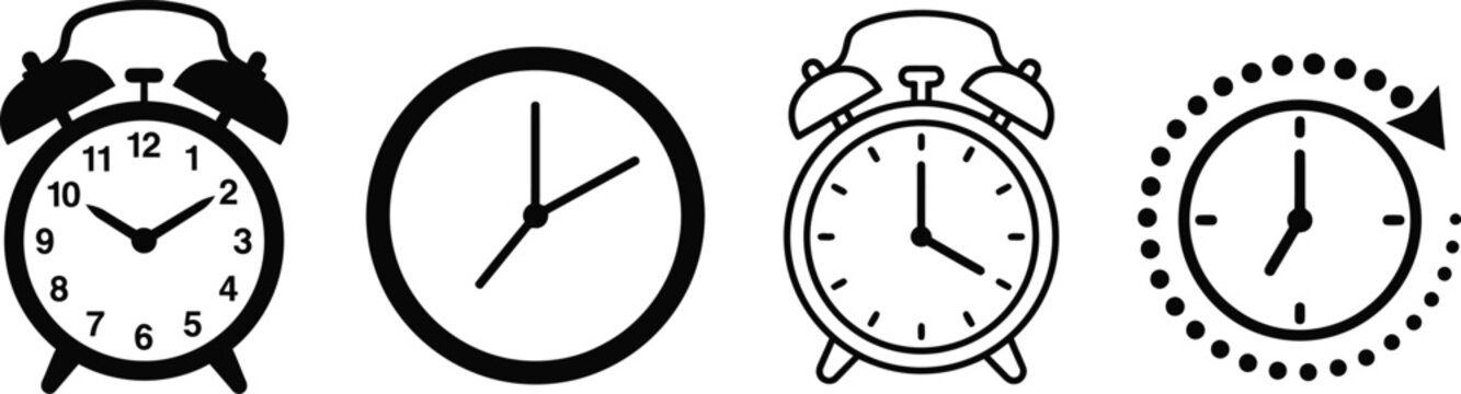 Black and white illustration of four different clock faces