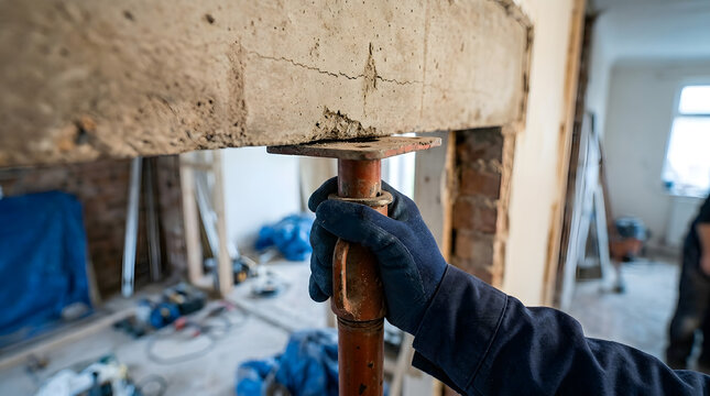Adjusting structural acrow prop support | Supporting concrete lintel during renovation | Professional construction site safety equipment | Metal jack post for home remodeling