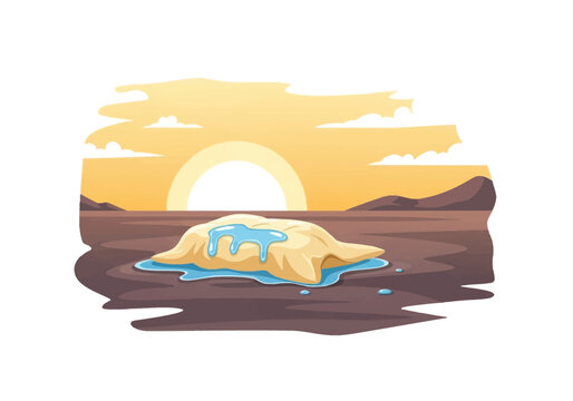 Biblical vector illustration of Gideon's wool fleece lying on the ground soaked with morning dew while the surrounding earth remains dry, set against a desert sunrise and mountain horizon.