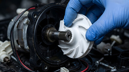 Fototapeta premium repairing dishwasher pump motor | installing appliance impeller part | dishwasher maintenance and repair service | household appliance spare parts replacement