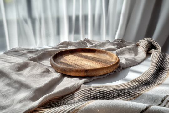 Empty wooden tray on soft linen in natural light. Perfect for product mockup ads, cosmetic branding, elegant product placement.