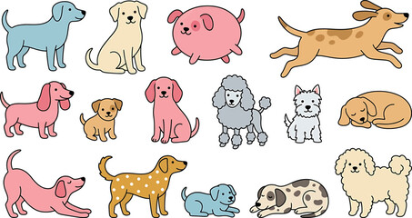 Fototapeta premium Set of cute cartoon dogs of different breeds and colors, handdrawn vector illustration transparent background