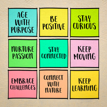 age with purpose, healthy aging tips, a set od inspirational reminder notes,lifestyle and personal development
