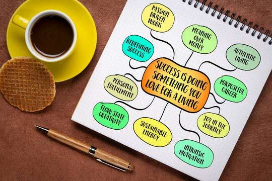 Success is doing something you love for living - alignment between your passion and your livelihood. Infographics mind map sketch.