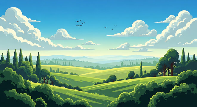 Scenic summer landscape featuring lush rolling green hills and white clouds in blue sky landscape environment countryside outdoors beautiful tranquil sunlight panoramic
