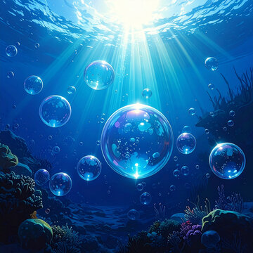 Sunbeams over Coral Reef with Bubbles in Deep Blue Sea