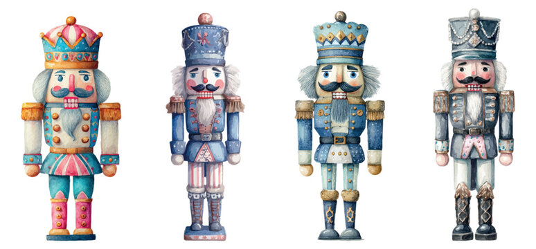 Christmas nutcracker soldier dolls in watercolor style, depicting a festive military toy parade, celebrating holidays and winter traditions with decorative characters