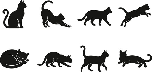 Fototapeta premium Cat Pose Silhouette Vector Bundle Featuring Sitting Stretching Walking Jumping Sleeping Hunting Standing and Playing Cats