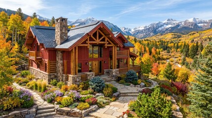 Fototapeta premium Luxury mountain cabin home in autumn landscape with snowcapped peaks