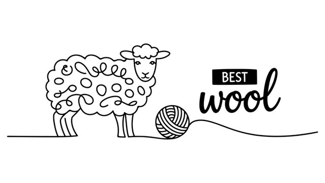 Cute hand drawn sheep with a ball of yarn and best wool text label as a simple continuous line art illustration for farm or textile design project