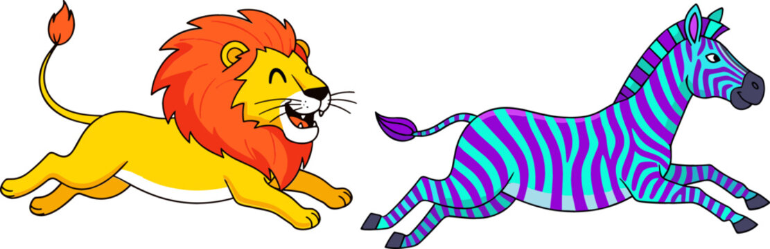 African Safari Wildlife Cartoon Animal Vector Set Featuring Happy Running Yellow Lion Chasing Fast Purple and Blue Striped Zebra Character Illustration