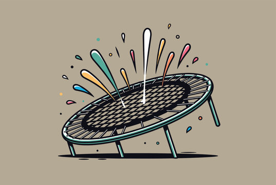 Colorful illustration of a round trampoline with abstract dynamic splashes and drops flying up from its jumping surface.