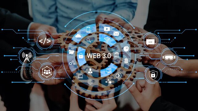 Hands Together with Digital Symbols Representing Web 3.0 Technology, Collaboration, Innovation, and Future Connections in a Modern Business Environment. Entropy.