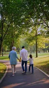 family walking together in green park, parents and child holding hands on pathway, multigenerational bonding and healthy lifestyle concept, peaceful outdoor scene with sunlight and trees