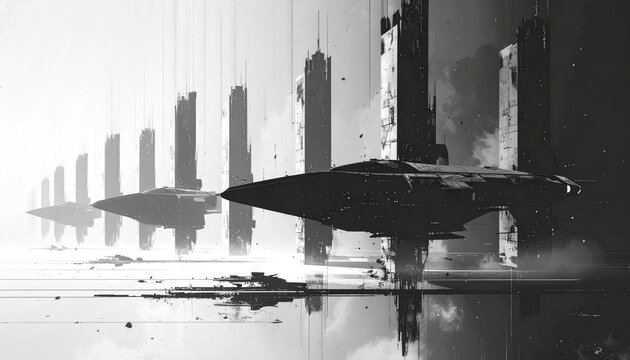 Futuristic spaceships reflecting in a distant cityscape