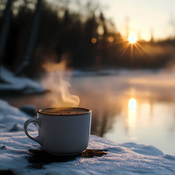 "Cozy Winter Sunset: Hot Drink by the Lake"