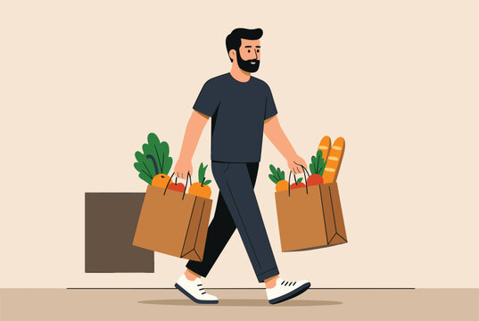 Bearded man walks across a beige background carrying two large paper grocery bags filled with fresh vegetables and crusty bread.