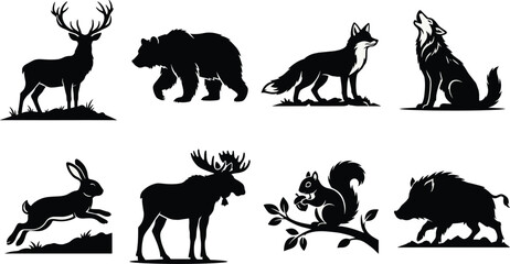 Wild Animal Silhouette Vector Bundle Featuring Deer Bear Fox Wolf Hare Moose Squirrel and Wild Boar © Aminur