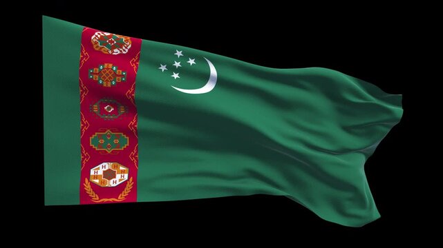 Professional animation of the Turkmenistan flag waving in the wind, ideal for Central Asian news, travel videos, cultural projects, education, web banner use, and national holiday visuals.