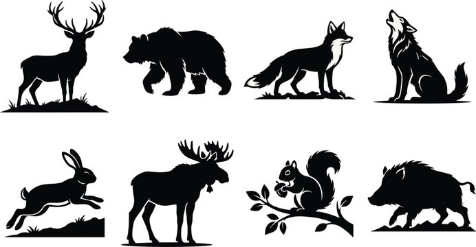 Wild Animal Silhouette Vector Bundle Featuring Deer Bear Fox Wolf Hare Moose Squirrel and Wild Boar