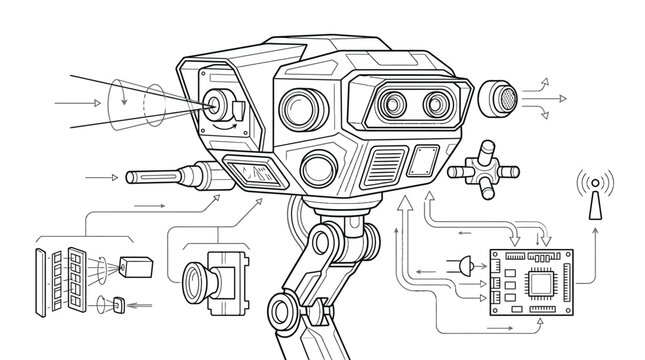 Robotic sensor head and camera vision system schematic.